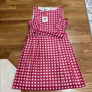 Anne Klein Red white Checked Belted midi A line Dress
Sleeveless casual work 14